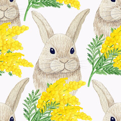 Watercolor seamless pattern on the theme of Easter, a portrait of a rabbit with mimosa sprigs