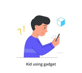 Kid using gadgets abstract concept. Little boy holds smartphone and communicates with friends on social networks. Modern technologies and innovations. Cartoon flat vector illustration in doodle style