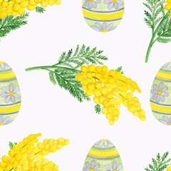 Watercolor seamless pattern on the theme of Easter, eggs with mimosa sprigs
