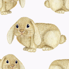 Seamless watercolor pattern with rabbits. Fabric, wrapping paper for Easter celebration