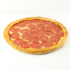 Beautiful pepperoni pizza close-up, with a lot of toppings, shot at an angle of 45