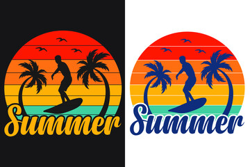 Summer beach line distressed vector t-shirt design with palm trees silhouette and word "SUMMER". Can be used for dark and light shirts.