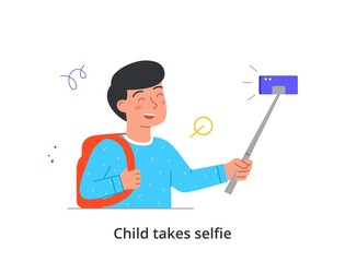 Kid using gadgets abstract concept. Little smiling boy with backpack takes selfie on smartphone. Modern technologies and innovations for entertainment. Cartoon flat vector illustration in doodle style