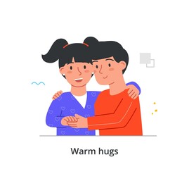 Warm hugs between little friends concept. Boy and girl preschoolers embracing and smile. Happy brother and sister. Tenderness and good relationships. Cartoon flat vector illustration in doodle style