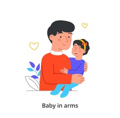 Warm hugs between parents and children concept. Young father holds his newborn daughter in his arms and embracing her. Man takes care of his child. Cartoon flat vector illustration in doodle style