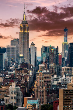 Aerial view of New York City midtown skyline at sunset along 5th Avenue