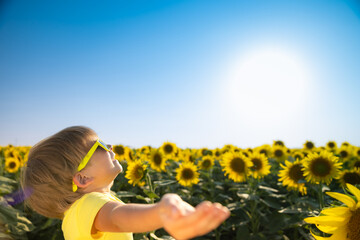 Child in spring sunflower field