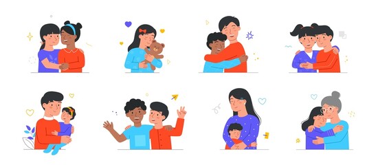 Fototapeta premium Set of warm hugs between kids, parents and little friends. Children cuddle with mom, dad, teddy bear and other people. Tenderness and love.Cartoon flat vector collection isolated on white background