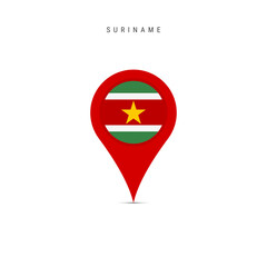 Teardrop map marker with flag of Suriname. Surinamese flag inserted in the location map pin. Flat vector illustration isolated on white background.