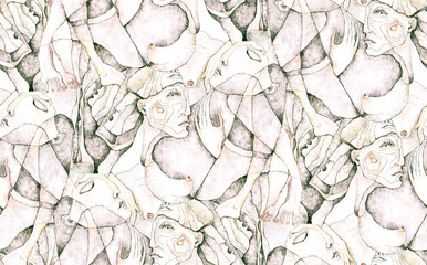 Hand painted seamless pattern with human bodies. Monochrome color - 488056187