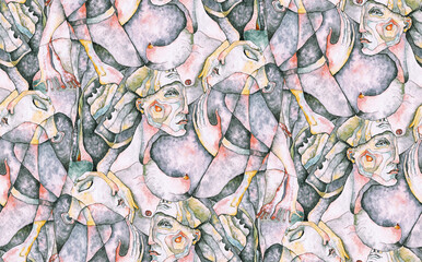 Hand painted seamless pattern with human bodies. Watercolor art - 488056191