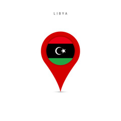 Teardrop map marker with flag of Libya. Libyan flag inserted in the location map pin. Flat vector illustration isolated on white background.