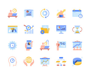 Set of colorful productivity and efficiency icons. Bright stickers with workflow, tasks, performance indicator, computer and statistics. Cartoon flat vector collection isolated on white background