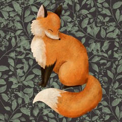 Cute hand drawn orange red colorful fox on nice stylish botanical background with green leaves