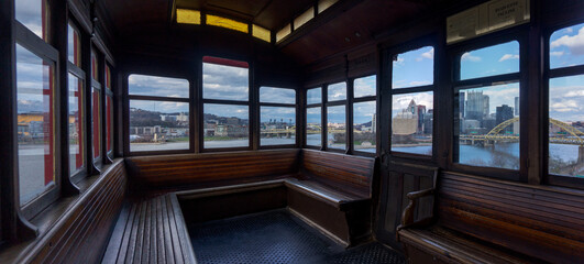 The view of downtown Pittsburgh from inside of the Duquesne Incline