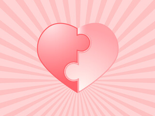 Image of heart assembled from two halves symbolizes love and family. Vector illustration on the background of rays in nude color.