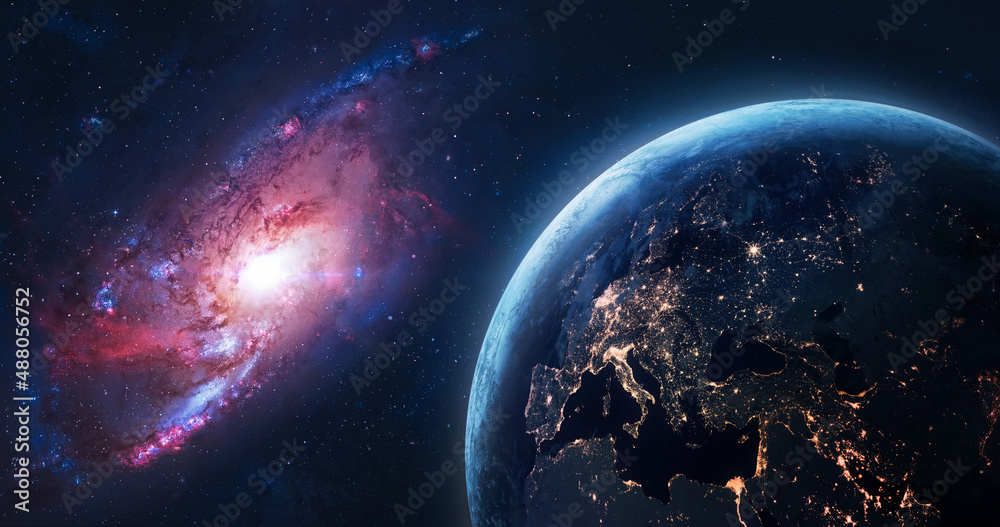 Poster planet earth with bright galaxy in space. sci-fi space wallpaper. night on planet. elements of this 