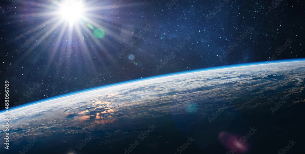 Poster Earth surface view from orbit in space. Blue planet. Elements of this image furnished by NASA