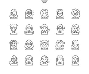 Female human emotions. Woman and girl face. Disappointed, happy, confused, cursing, shocked and other. Pixel Perfect Vector Thin Line Icons. Simple Minimal Pictogram