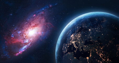 Planet Earth with bright galaxy in space. Sci-fi space wallpaper. Night on planet. Elements of this image furnished by NASA