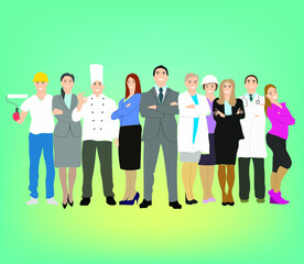Fototapeta premium Flat illustration. People of different professions: a builder, a doctor, a teacher, an office worker, an engineer, a cook, an athlete, a repair worker.