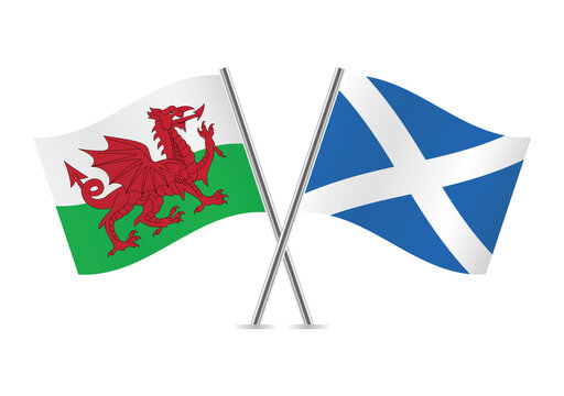 Wales and Scotland crossed flags. Welsh and Scottish flags, isolated on white background. Vector icon set. Vector illustration.