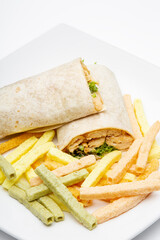 Delicious burrito with chicken and coloured potatoes