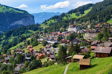 Fototapeta na wymiar Wengen town in swiss Alps mountains, Switzerland