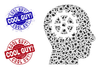 Round COOL GUY! scratched seals with text inside round shapes, and debris mosaic intellect icon. Blue and red stamp seals includes COOL GUY! tag. Intellect mosaic icon of fragment elements.
