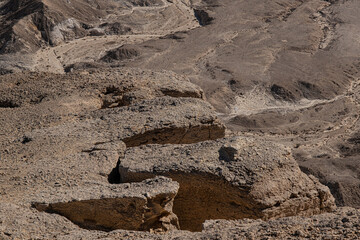 Top view of the Ramon Crater below as seen from the summit of Mount Ardon Ramon Crater, Negev Desert, Southern Israel, Israel.