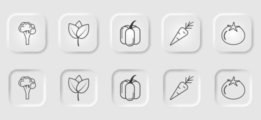 Set of black linear vegetable icons on buttons in neomorphism style