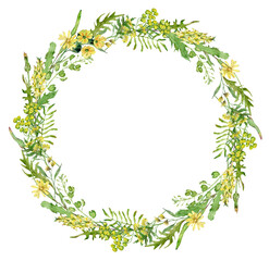 Watercolor yellow wildflowers wreath. Hand drawn template with herbs and wildflowers for invitations, cards