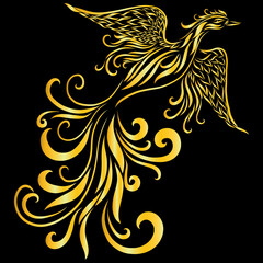 Fototapeta premium Phoenix with fiery wings and long curled tail flying with floral ornate feathers glowing and glowing christian ornament and symbol of rebirth emblem fantasy mythical bird yellow gold color