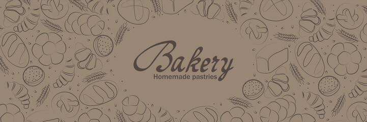 Trendy Vector horizontal background for bakery or cafe.Illustrations of buns,bread,baguette,and other pastries for packaging,labels,or signage.Line Art of food for banner, flyer or menu.Lettering