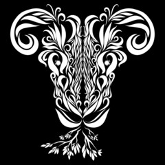 goat with graceful elegant curved black horns on a black background