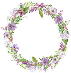 Obraz na płótnie Canvas Watercolor pink and purple wildflowers wreath. Hand drawn template with herbs and wildflowers for invitations, cards