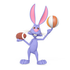 Fototapeta na wymiar rabbit cartoon is holding a american football ball and also a basketball