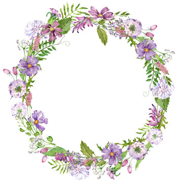 Watercolor pink and purple wildflowers wreath. Hand drawn template with herbs and wildflowers for invitations, cards