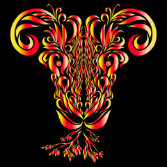 goat with graceful elegant curved yellow and red horns on a dark background