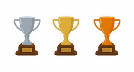 Gold silver bronze trophy cups. Game winner prize cups, racing sport trophies, ranking places goblet prize icons vector illustration