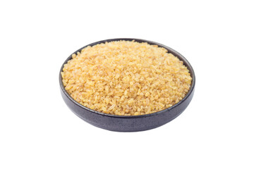 Bulgur in a ceramic bowl, isolated on white