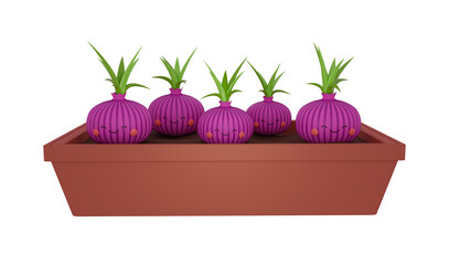 Cute onions in a box in cartoon style. 3d render illustration.