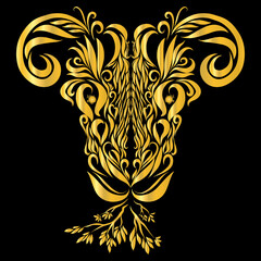 goat with graceful elegant curved golden horns on a dark background