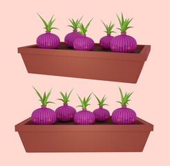 Cute onions in a box in cartoon style. 3d render illustration.