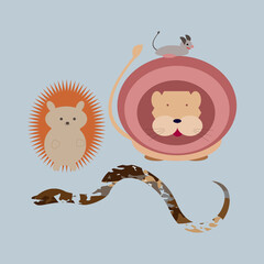 Аnimal friends lion and hedgehog snake mouse geometric flat style