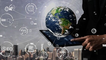 SEO - Search Engine Optimization for Online Marketing conceptual. Modern graphic interface showing...