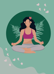 yoga and meditation girl in the lotus position on green background with plants