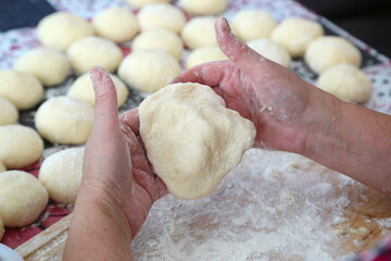 grandma cooks pies from fluffy dough for grandchildren