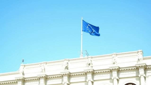 European Union flag on top of city hall building in city centre of Gothenburg, Gustav Adolf square