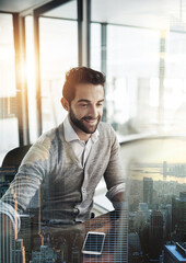 Working on his plans to take over the city. Multiple exposure shot of a young businessman working in an office superimposed over a cityscape.